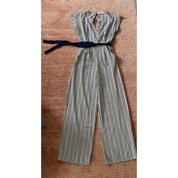 Monteau Navy Striped Short Sleeve Jumpsuit Romper w/Belt & Pockets Size XS - Picture 1 of 9